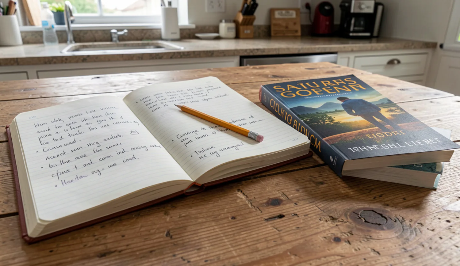 Caderno de apontamentos de leitura aberto junto a um livro.