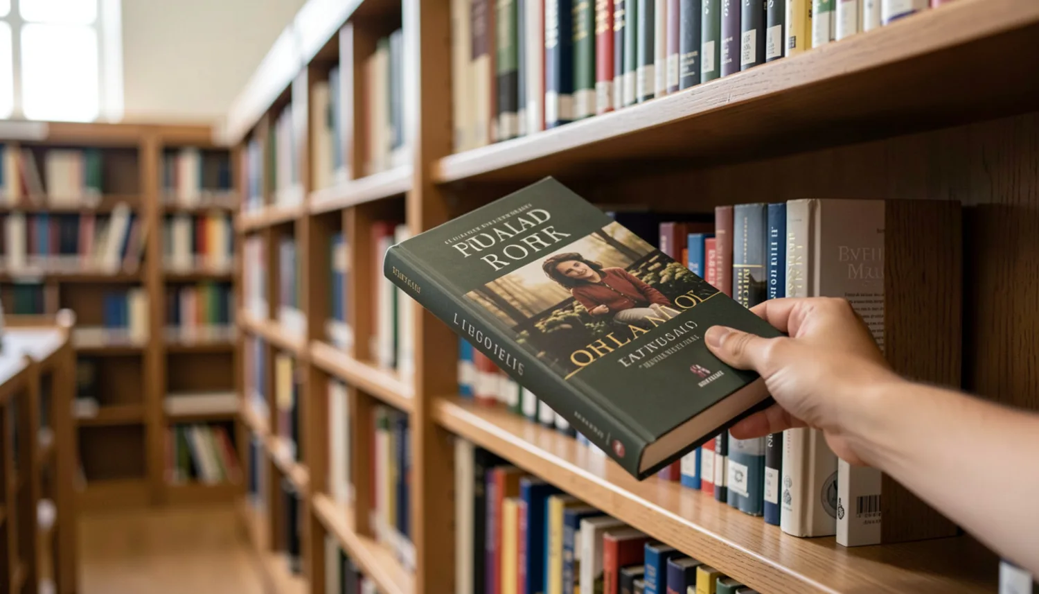 Mão retira um livro de uma estante cheia numa biblioteca.