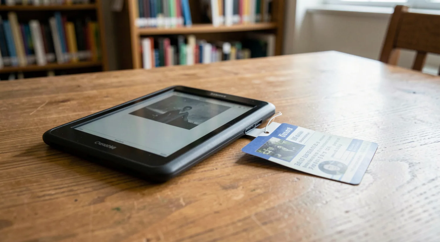 Dispositivo de leitura digital sobre uma mesa de biblioteca, junto a um cartão de leitor.