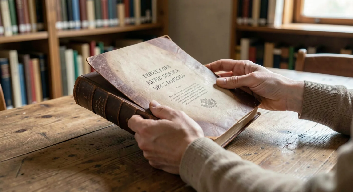 Mãos folheiam a página de rosto de um livro antigo encadernado em pele.