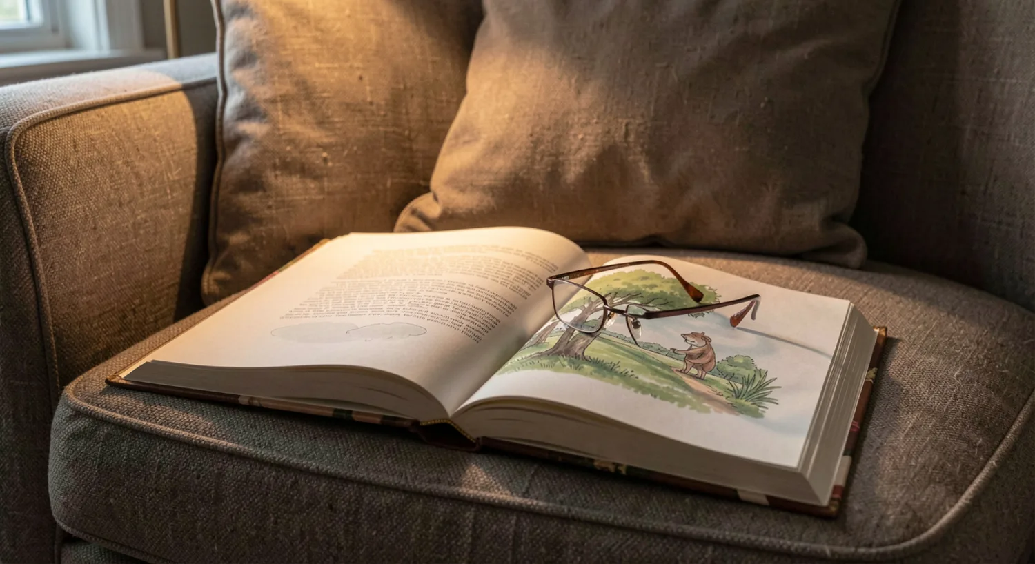 Livro ilustrado aberto num sofá, à luz de um candeeiro.