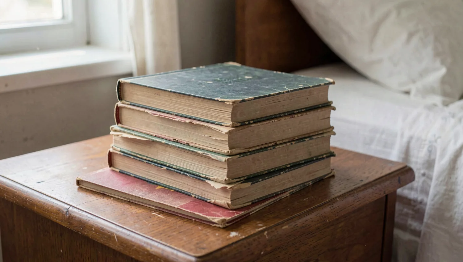 Pilha de livros gastos de tanto reler sobre uma mesa de cabeceira.