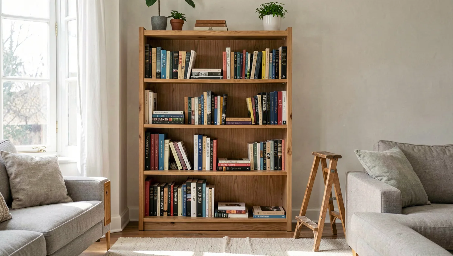 Estante doméstica de madeira com livros arrumados por tamanho.